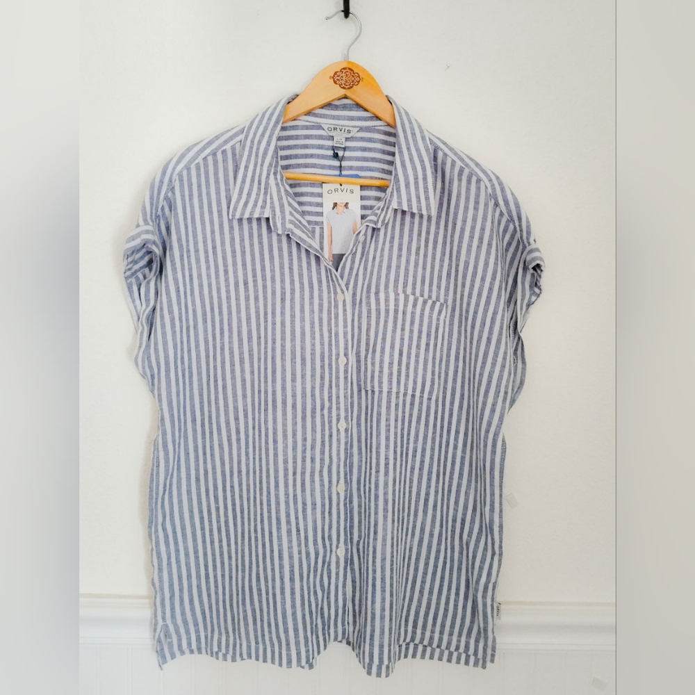 ORVIS Linen Blend Casual Blue Stripe Top Size Large New!